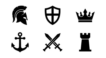 Medieval heraldry black silhouette icons set, spartan helmet and shield vector elements, crown and crossed swords gaming logos on white background © AESAAKTER