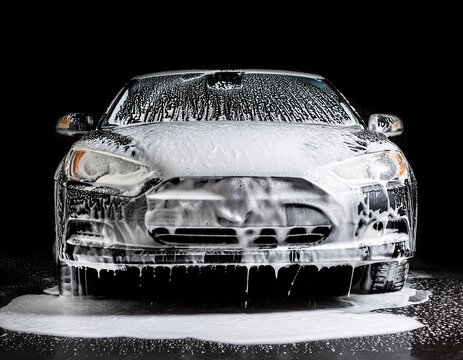 close up of car covered in soap foam washing in black background car wash service advertising concept