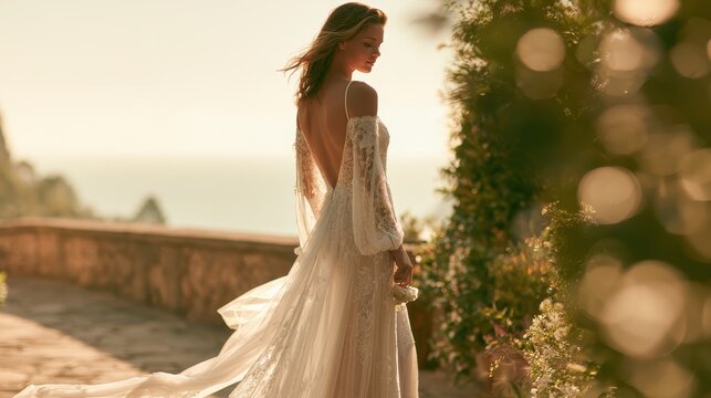 Elegant bride in a long white backless wedding gown with off-shoulder sleeves, standing in a sunlit garden