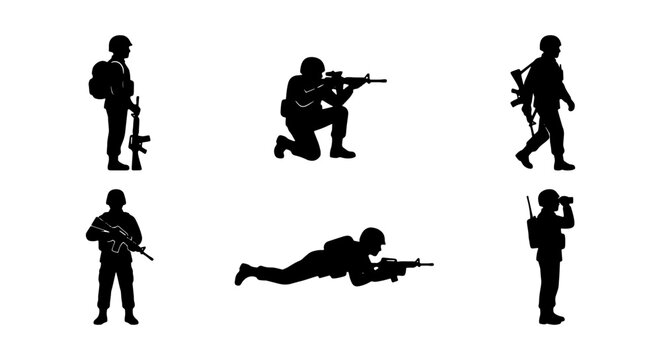 Military soldier silhouettes set, army infantry vectors in combat poses, tactical force icons for war games and memorial designs
