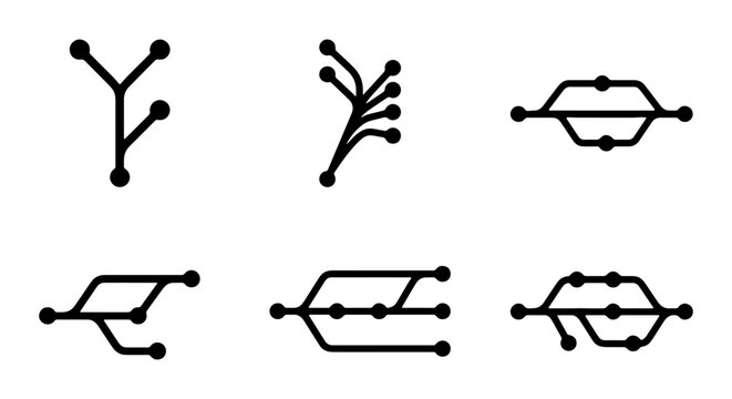 Git branch icons set, version control system workflow diagrams, software development git merge and fork vector symbols