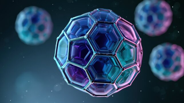 Digital artwork of carbon buckyball cages (C60) assembled as interconnected nanoparticles