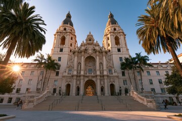 Fototapeta premium Historic California city hall building with grand staircase and ornate stonework at sunset