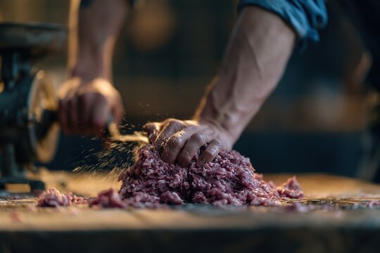 Hand-Crushing Ground Meat with a Manual Meat Grinder
