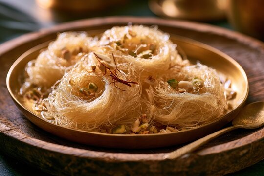 Golden pheni threads served on a warm brass thali with cardamom and light sugar glaze