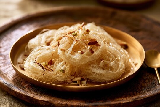 Comforting Indian dessert featuring desi ghee pheni, saffron, and mixed nuts on a festive platter