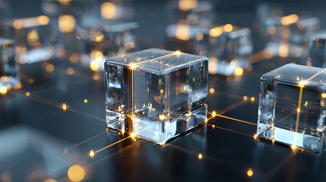 Transparent connected cubes with glowing data links, representing blockchain, artificial intelligence, cybersecurity, decentralized networks and secure digital infrastructure