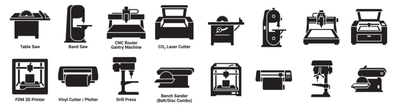Silhouette Workshop Tool Icons: Table Saw, Bandsaw, CNC Router, Laser Cutter, 3D Printer, Drill Press, Sander