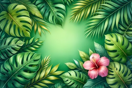 Lush Tropical Jungle Leaves and Flowers in Shades of Green, Including Monstera, Palm Leaves, and a Pink Exotic Flower  Arranged in a Border on a Vibrant Green Background.  Vacation Summer Themed.