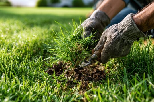 Close-up photo of a gardener removing crabgrass from a healthy green lawn in morning sun