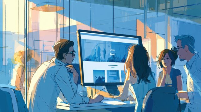 Diverse team reviews a website mockup on a large monitor in a sunlit tech studio