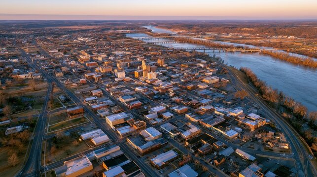 Drone photography of Clarksville cityscape: bridges spanning the Cumberland River, roads, rooftops, and green parks from above