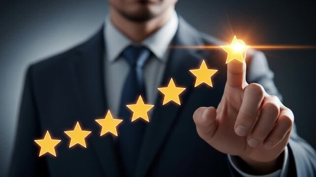 Business professional selecting five-star rating with finger. Executive choosing top performance review for success and quality excellence.