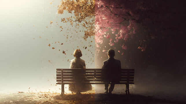 Mental health and relocation concept showing a couple sitting on a bench as autumn leaves dissolve around them, symbolizing change, separation, adaptation, uncertainty and new beginnings.