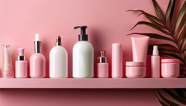 display of various beauty products on shelves featuring white bottles and pink containers showcasing modern design and elegance with ample copy space