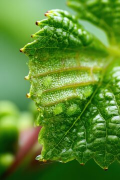 Close-up image of phylloxera infestation on grape leaves with stippling and leaf curling