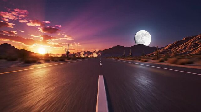 Desert Highway at Twilight: An expansive desert highway stretches towards a dramatic twilight sky, with the sun setting on the left and a large full moon rising on the right.