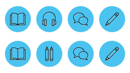 Education icon vector blue modern language skills set featuring icons for reading, listening, speaking, and writing on an isolated white background for learning and study. © Melissa J. Abrams