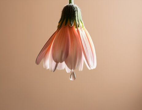 open flower hanging upside down a drop of water dripping from the petal to the floor against a beige background with soft neutral toned lighting