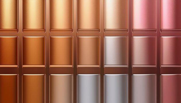 professional color palette catalog showing various metallic gradients for gold silver bronze and rose gold