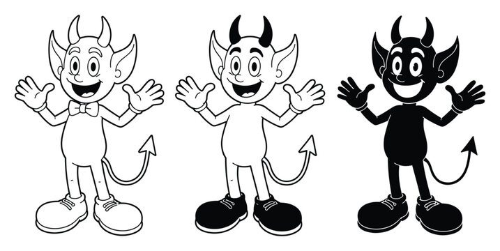 Vintage devil cartoon mascot character vector collection in different styles with character illustration collection silhouette graphics creature