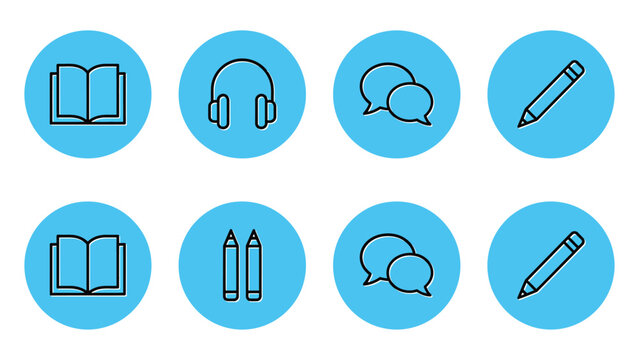 Education icon vector blue modern language skills set featuring icons for reading, listening, speaking, and writing on an isolated white background for learning and study.
