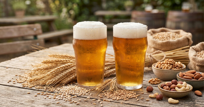 Two Frothy Pint Glasses Of Craft Beer Surrounded By Wheat Stalks