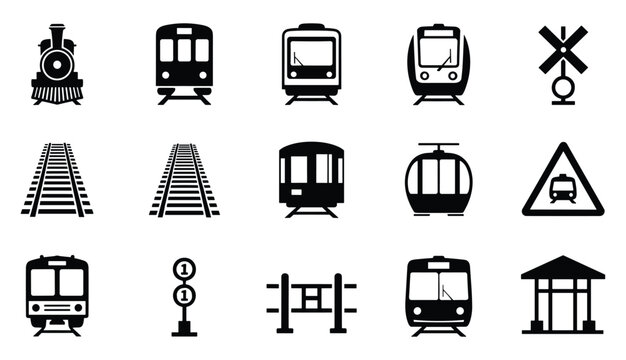 Collection of black train and railway transportation icons representing different types of rail travel and signals with transport, locomotive