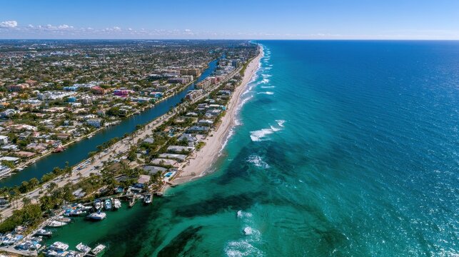 Drone photograph of Boynton Beach, Florida featuring marina, canals and sunny coastal scenery
