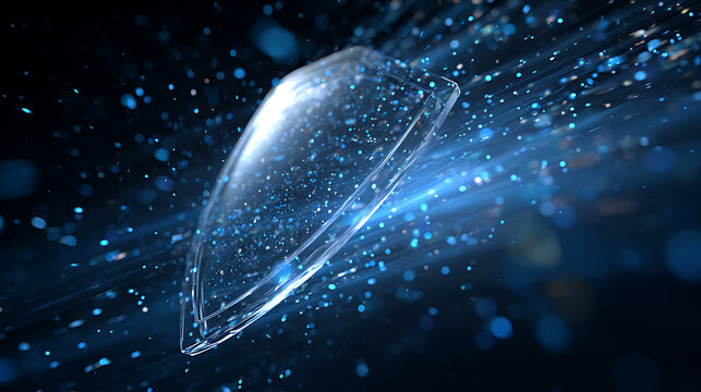 Transparent digital shield surrounded by flowing data streams, representing cybersecurity, artificial intelligence, secure networks, cyber defense, encryption and data protection