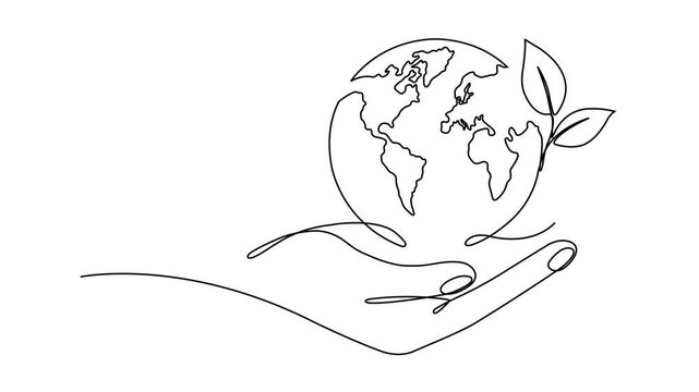 continuous one line hands holding Earth globe with leaves icon on white background. Linear world map with plant. Save Planet, environment protection, eco friendly world and sustainability concept.