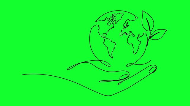 continuous one line hands holding Earth globe with leaves icon on green background. Linear world map with plant. Save Planet, environment protection, eco friendly world and sustainability concept.