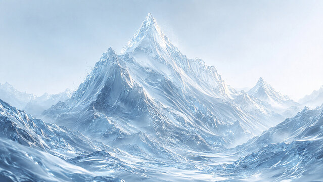 Majestic Mountain Made of Frozen Water and Ice Crystal Peak on Light Blue Sky Background