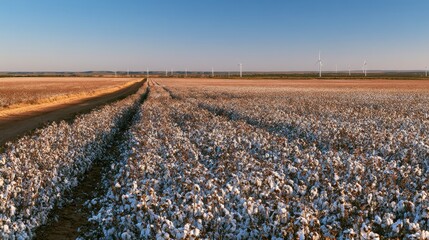 Fototapeta premium Agricultural scene blending cotton farming with renewable wind energy
