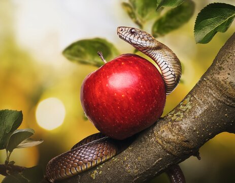 snake on a tree with an apple fruit forbidden fruit concept religious theme