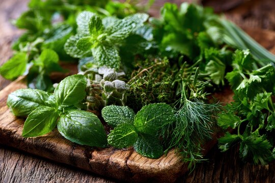 Close-up of leafy culinary herbs in natural light: basil, mint, cilantro, dill and rosemary