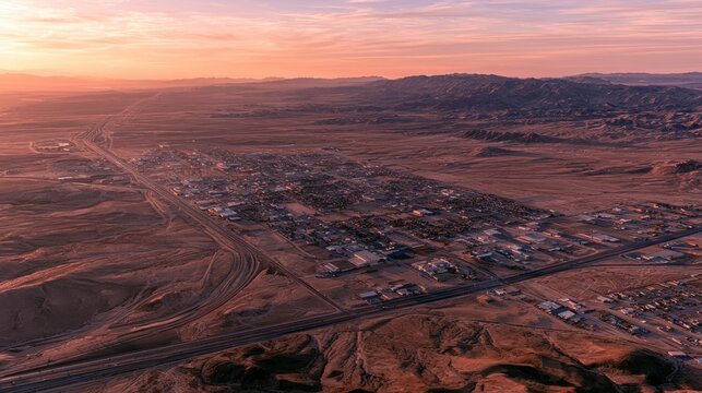 Aerial Sunset Over Barstow, California: Desert Town and Highway Grid at Golden Hour