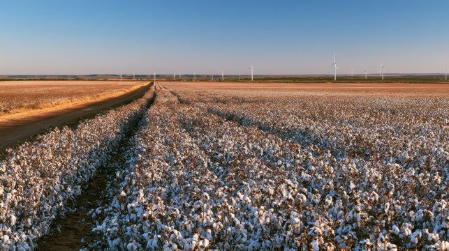 Agricultural scene blending cotton farming with renewable wind energy