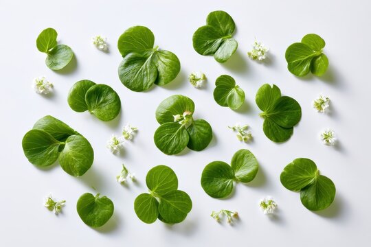 Fresh brahmi leaves and small white flowers on white background, top view