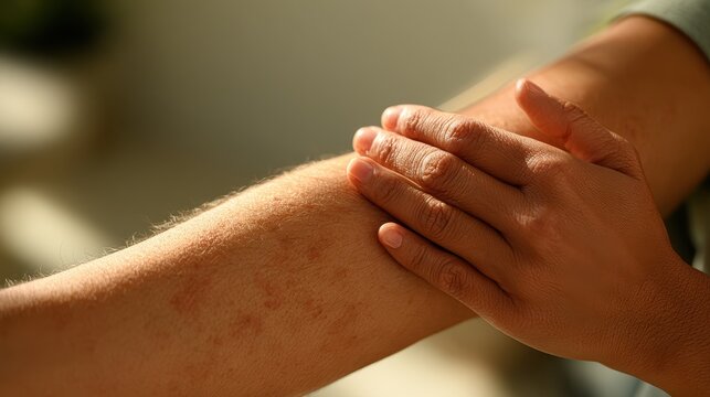 Close-up of mild eczema on forearm with gentle moisturizer in soft natural light
