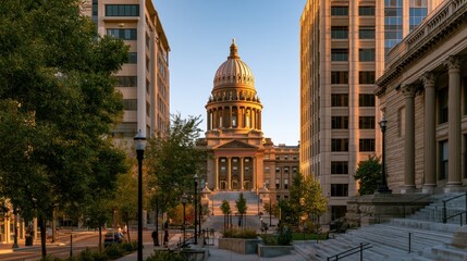 Obraz premium Idaho State Capitol Dome Rising Above Boise's Downtown Skyline at Golden Hour
