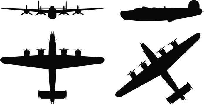 B-24 Liberator WWII Heavy Bomber Silhouette Views Vector Aircraft Technical Blueprint Diagram