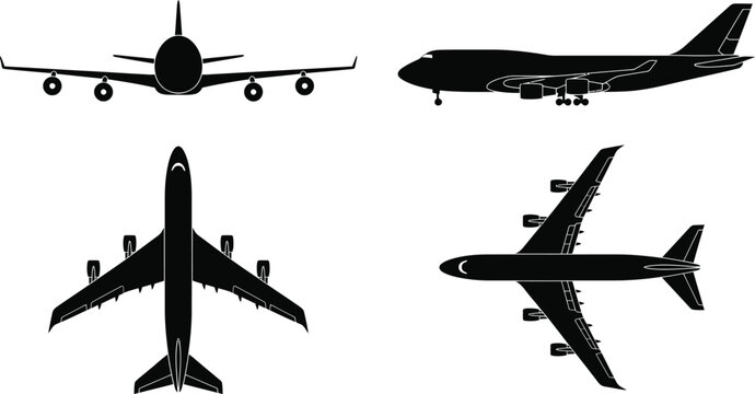 Boeing 747 Jumbo Jet Commercial Airliner Silhouette Views Vector Aircraft Technical Blueprint Diagram