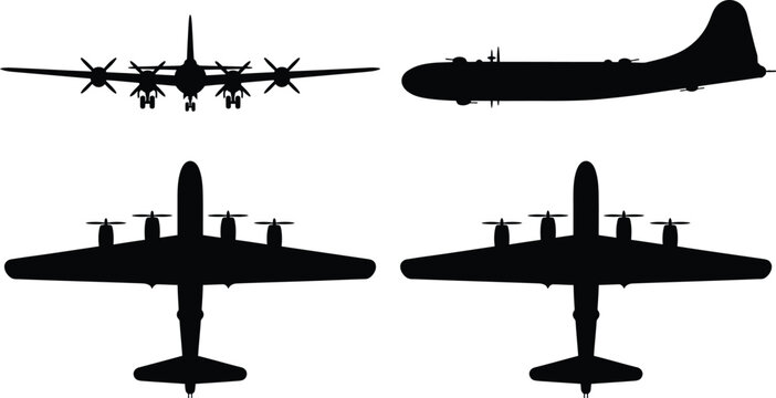 B-29 Superfortress WWII Heavy Bomber Silhouette Views Vector Aircraft Technical Blueprint Diagram