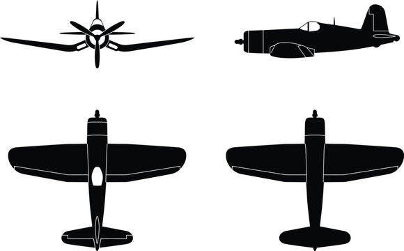 F4U Corsair WWII Fighter Silhouette Views Vector Aircraft Technical Blueprint Diagram