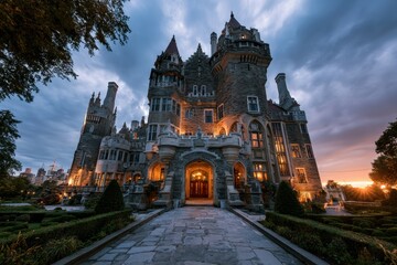 Obraz premium Gothic Castle Architecture at Dusk: Heritage Landmark with Towered Silhouette