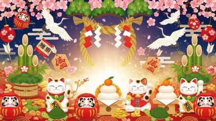 Naklejka premium Japanese New Year festive background. Traditional Shogatsu celebration with lucky symbols.