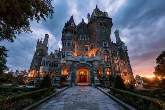Gothic Castle Architecture at Dusk: Heritage Landmark with Towered Silhouette