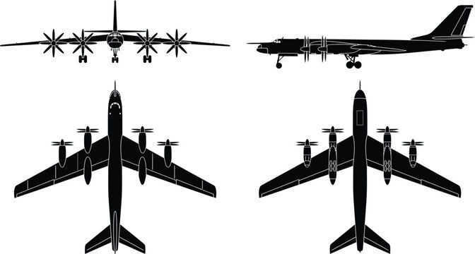 Tu-95 Bear Strategic Bomber Plane Silhouette Views Vector Aircraft Technical Blueprint Diagram
