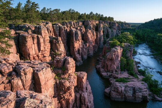 Golden hour landscape of Palisades State Park with rugged bluffs and a winding river